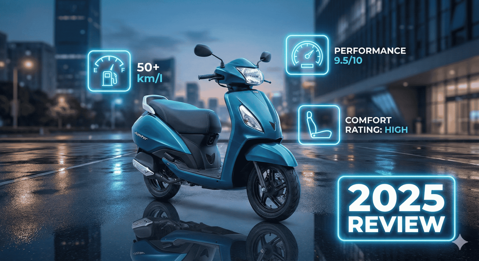 TVS Jupiter 2025 scooter review image showing mileage, features and performance details
