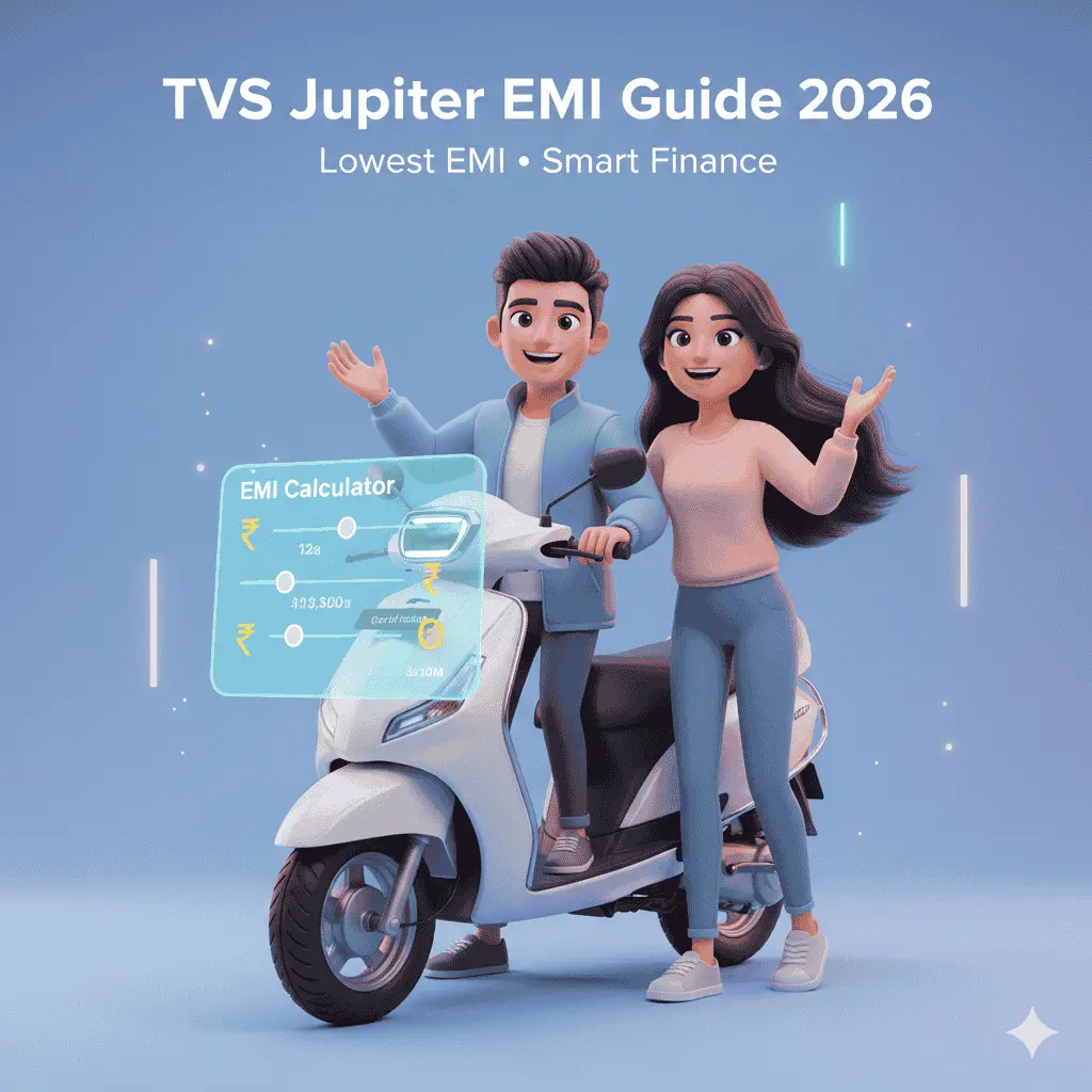 TVS Jupiter EMI Guide 2026 AI poster showing couple checking scooter loan EMI on mobile phone