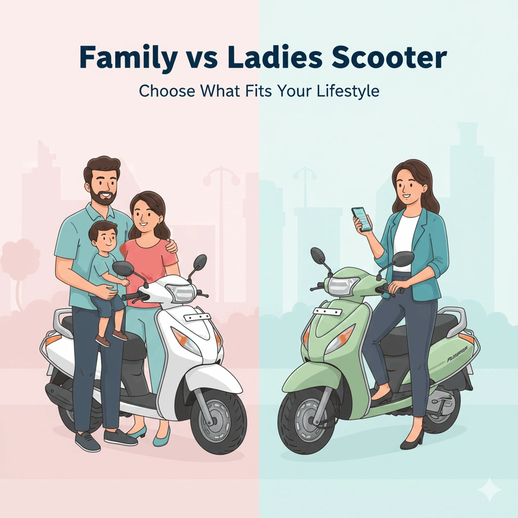 Family with Honda Activa 6G and young woman with Hero Pleasure Plus scooter in city lifestyle illustration