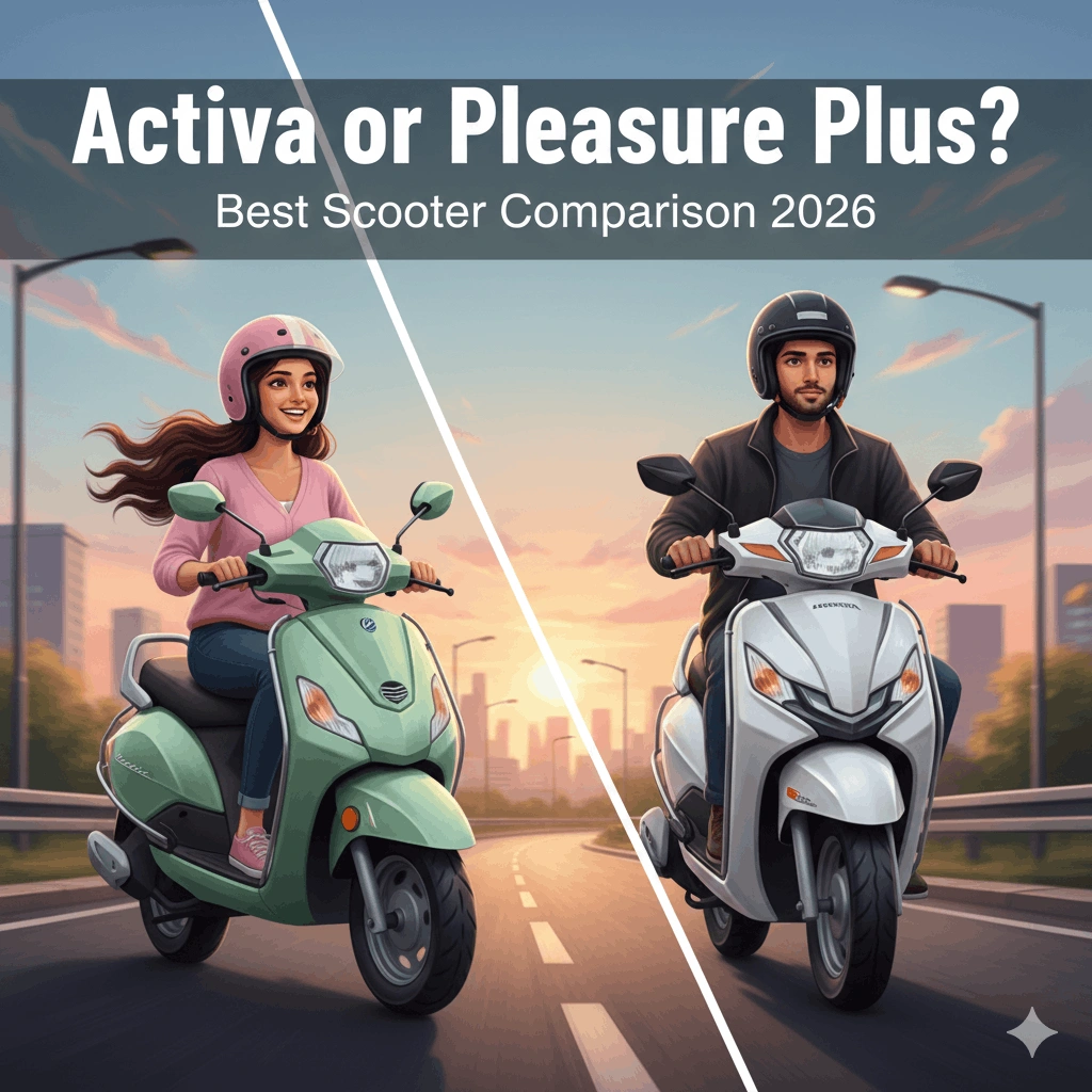 Activa vs Pleasure Plus vertical poster asking which scooter to choose with vibrant background