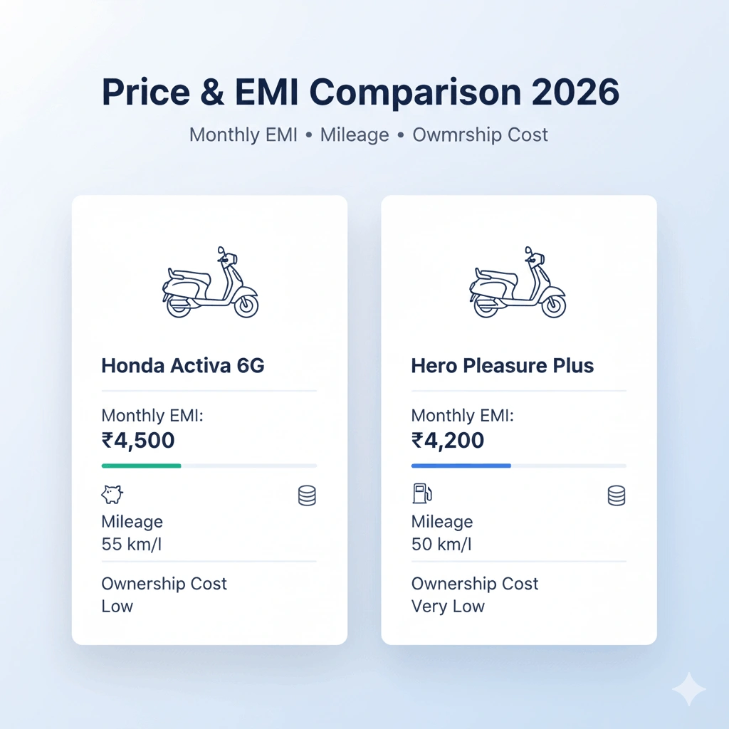 EMI and price comparison dashboard showing Honda Activa 6G and Hero Pleasure Plus with price, mileage and EMI icons