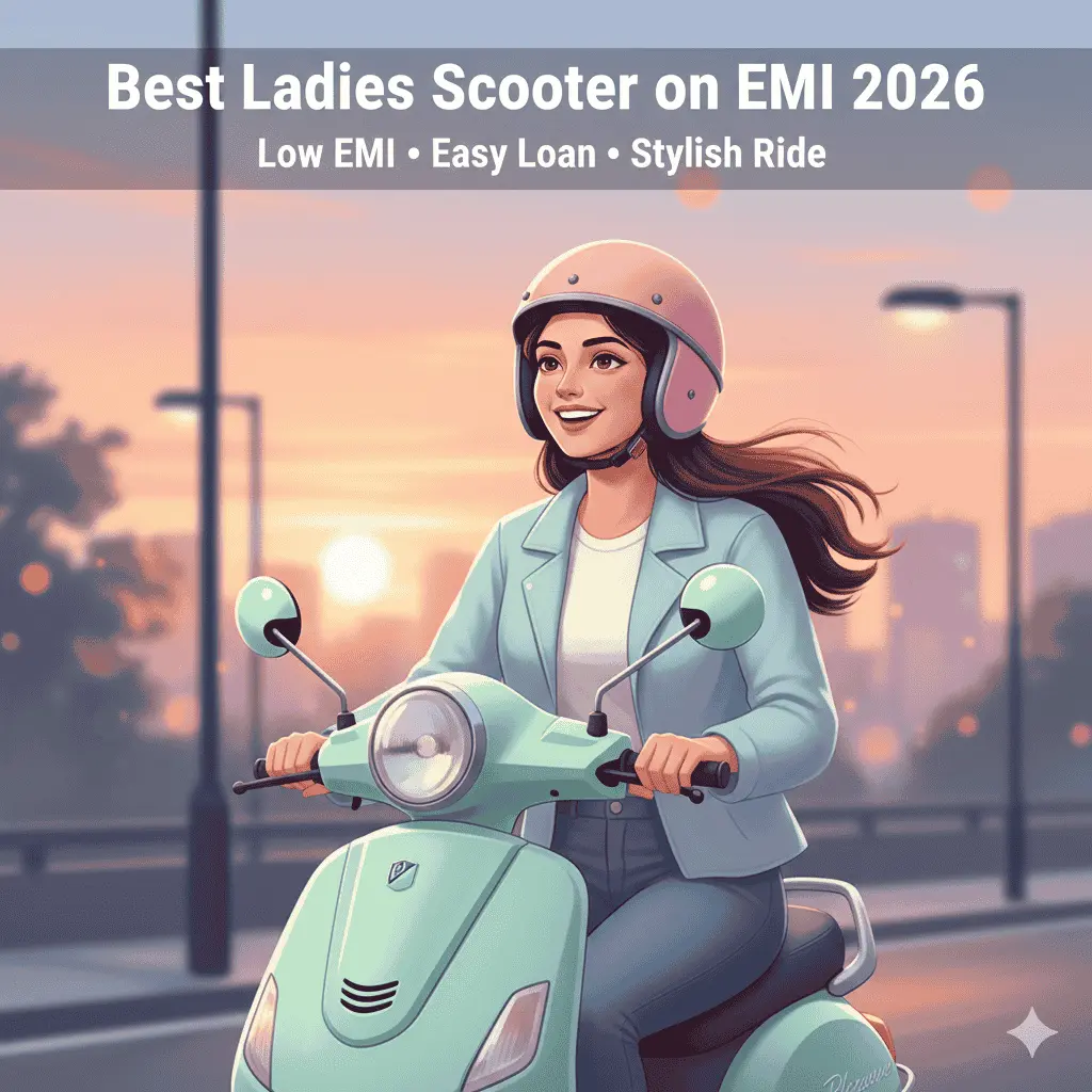 Best ladies scooter EMI 2026 poster showing Hero Pleasure Plus low monthly installment finance offer