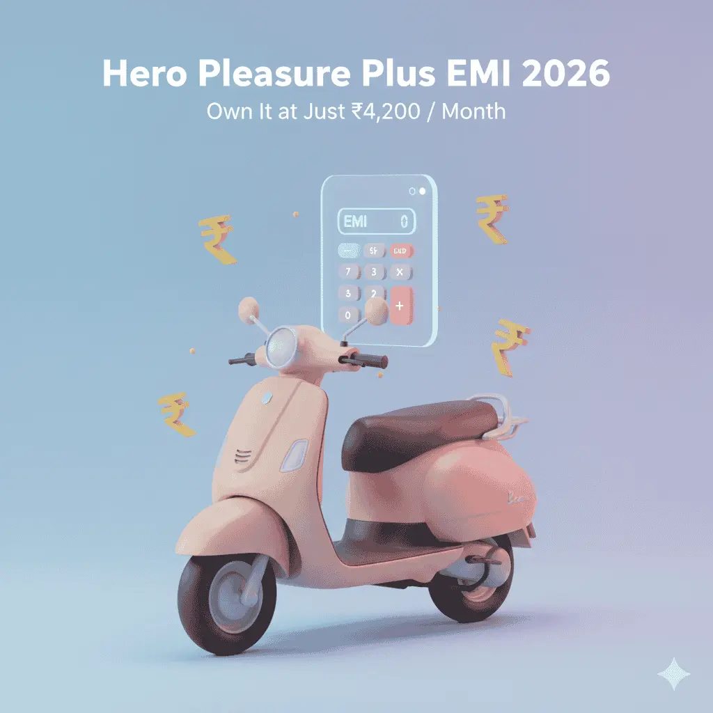 Hero Pleasure Plus EMI 2026 AI illustration showing ladies scooter with monthly installment ₹4,200 finance calculator