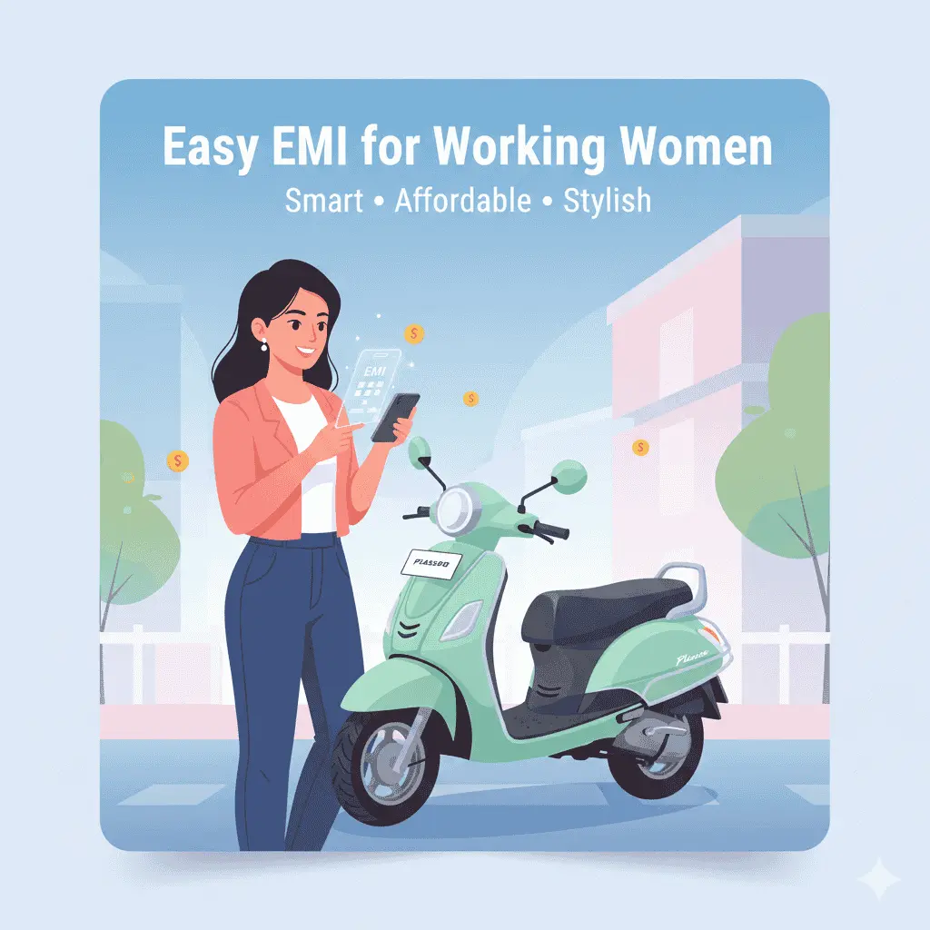 Working Indian woman checking Hero Pleasure Plus EMI on mobile phone beside scooter