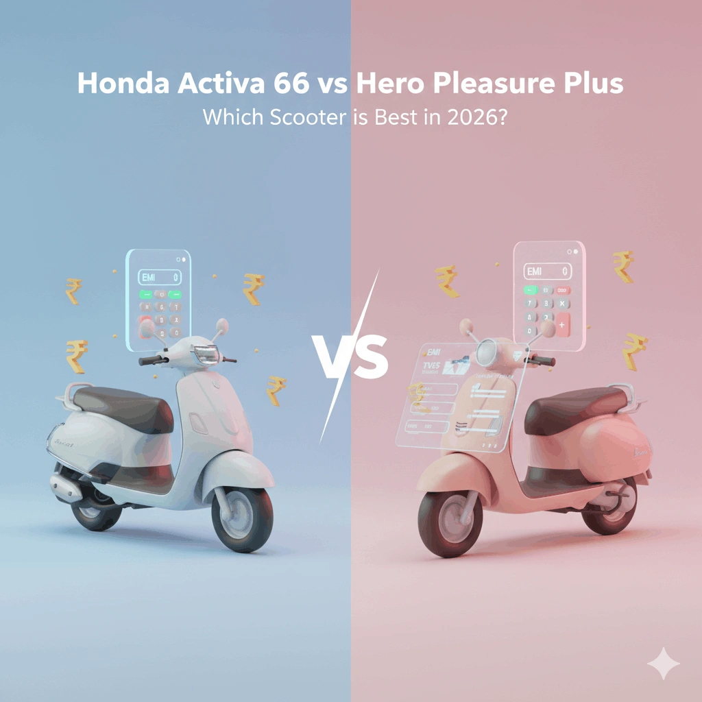 Honda Activa 6G vs Hero Pleasure Plus comparison poster showing both scooters side by side 2026