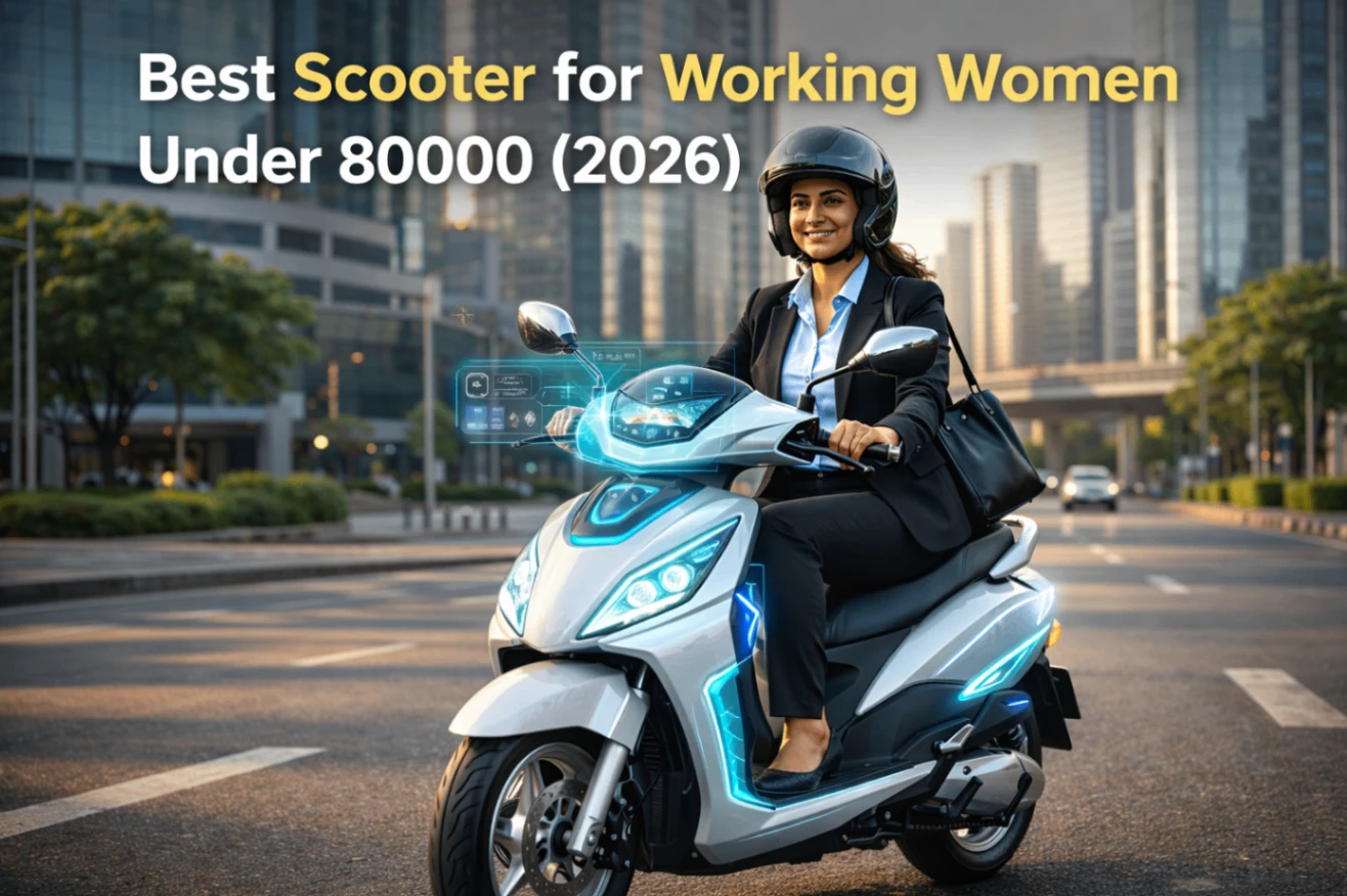 Indian working woman with scooter near office building wearing helmet