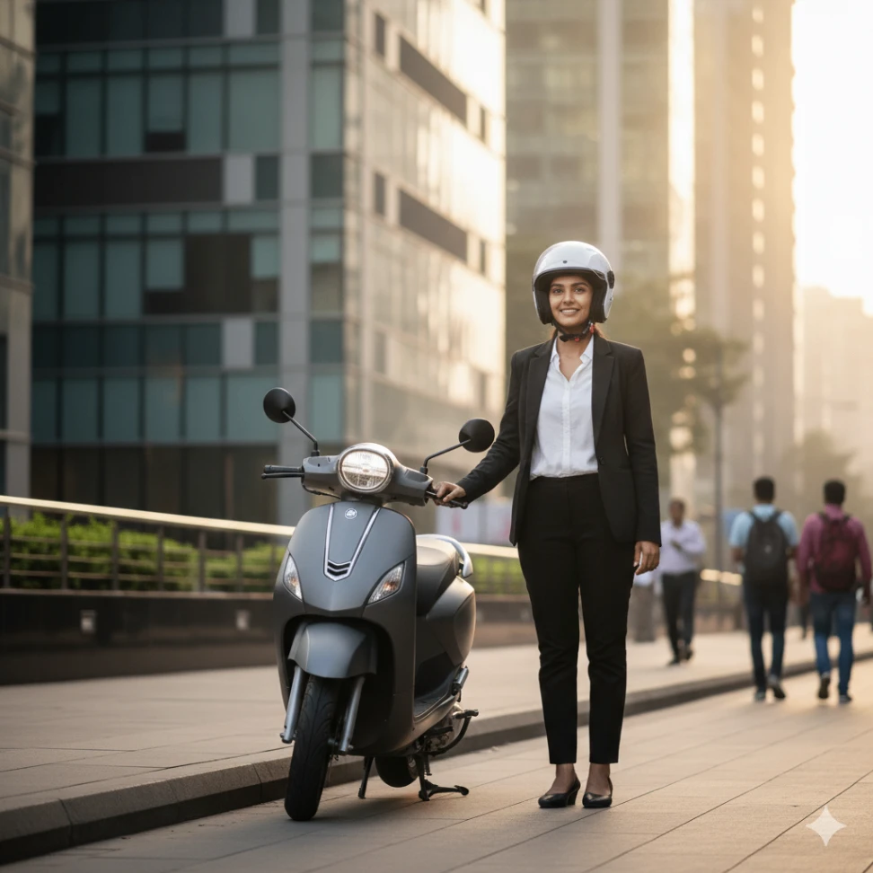 Indian working woman with scooter near office building wearing helmet