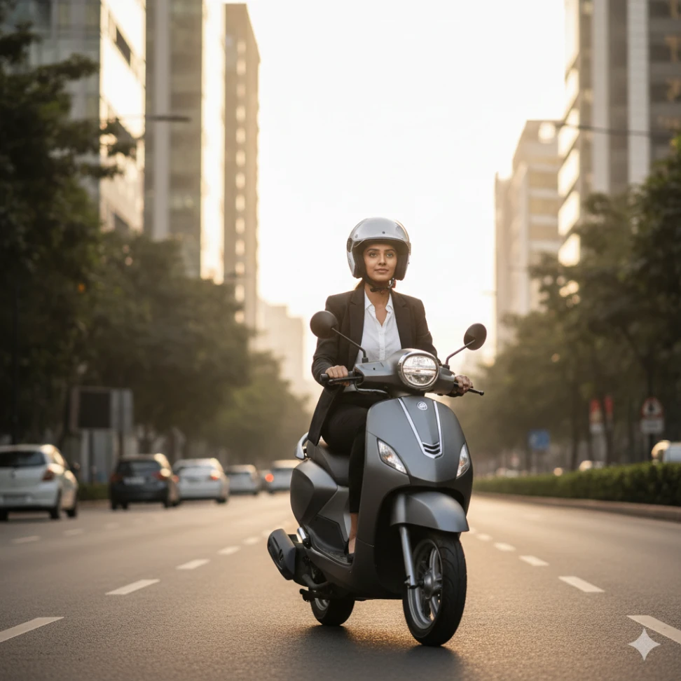 Indian working woman with scooter near office building wearing helmet