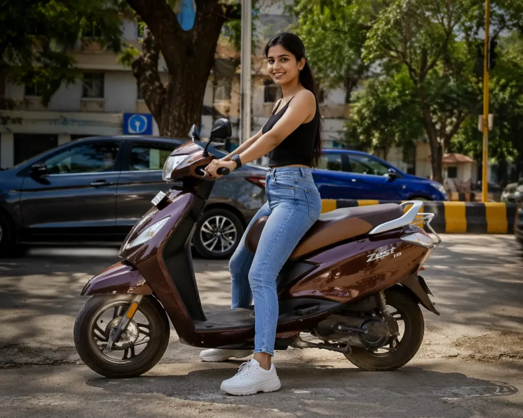 :contentReference[oaicite:2]{index=2} with working Indian woman in office attire, smooth riding on city road, relaxed posture, traffic environment, confident commuting, cinematic lighting, ultra realistic, sharp focus, 8K clarity